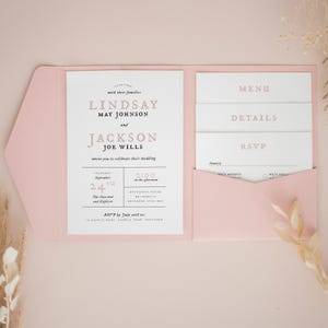 Dusty Pink Pocketfolds, Personalised Pocketfold Invitations, Pocketfold Wedding Invitation, Pocketfold Invites, Blush Invitations #PF-038