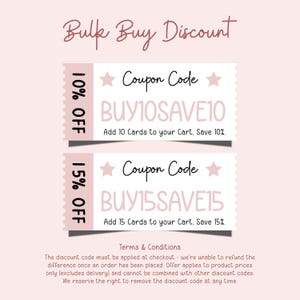 The image is a promotional image for a bulk buy discount, featuring two different discount codes for purchasing cards. The text on the image highlights the terms and conditions of the discount, stating that the discount code must be applied at checkout and that the discount applies to the difference between the order price and the placed offer. The image also mentions that the discount code can be removed at any time, but it cannot be combined with other discount codes.