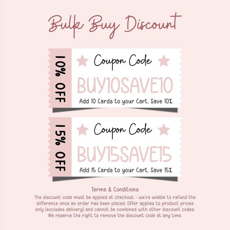 The image is a promotional image for a bulk buy discount, featuring two different discount codes for purchasing cards. The text on the image highlights the terms and conditions of the discount, stating that the discount code must be applied at checkout and that the discount applies to the difference between the order price and the placed offer. The image also mentions that the discount code can be removed at any time, but it cannot be combined with other discount codes.