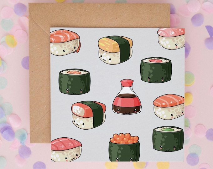 Kawaii Sushi Card, Cute Sushi Card, Sushi Lover Cards, Greeting Cards, Kawaii Birthday Card, Generic Card, Sushi Anniversary Cards #299