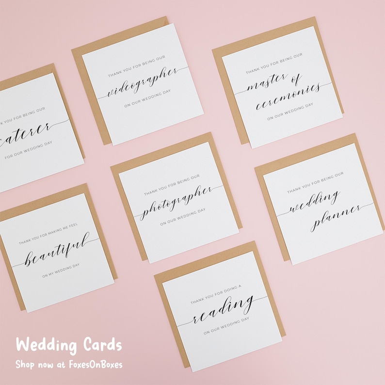 a collection of wedding cards arranged on a pink background. The cards feature various messages expressing gratitude and appreciation for different roles and responsibilities during a wedding day.