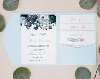 Dusty Blue Floral Wedding Invitations, Personalised Pocketfold Invitations, Pocketfold Wedding Invitation, Pocketfold Invites, #PF-042