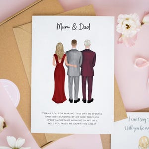 Puede incluir: Una tarjeta de felicitación blanca con el texto Mum & Dad en la parte superior y una ilustración de una persona con vestido rojo entre dos personas con traje, uno gris y otro granate, con un mensaje pidiendo acompañar al altar.