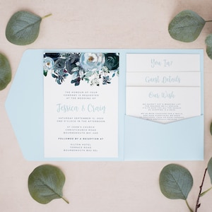 Dusty Blue Floral Wedding Invitations, Personalised Pocketfold Invitations, Pocketfold Wedding Invitation, Pocketfold Invites, #PF-042