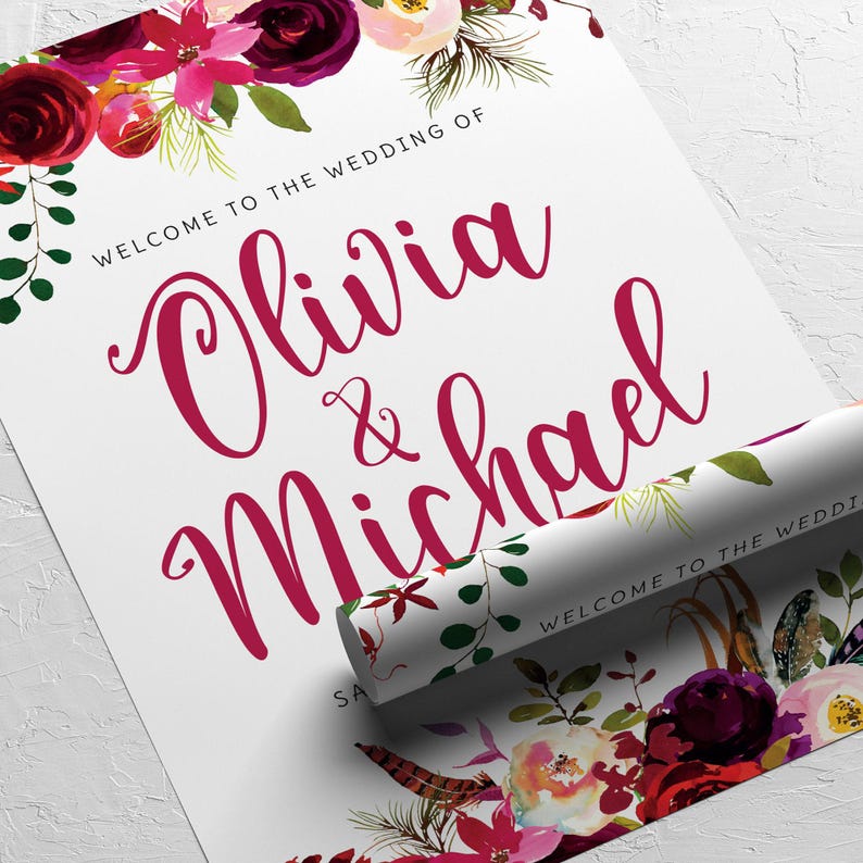 The image is a wedding invitation featuring a floral border and the names "Olivia & Michael" written in cursive.