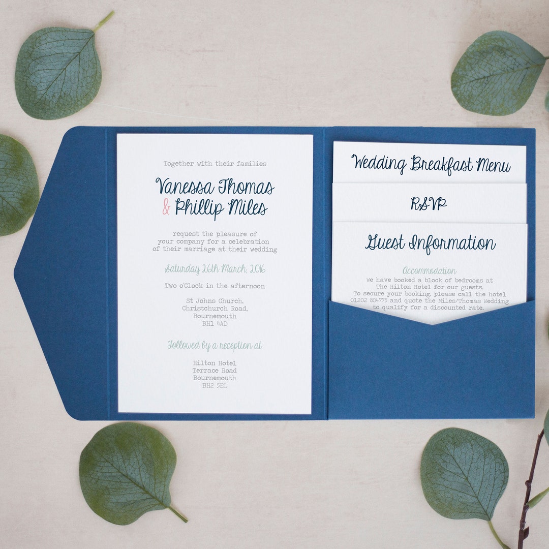 Navy Pocketfold Invitation Personalised Wedding Pocketfold Etsy UK