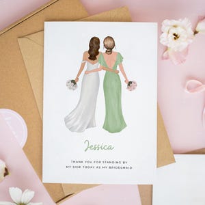 A personalized wedding card featuring two women in wedding dresses, one in white and the other in green, with the name " Jessica" written on it. The card is surrounded by pink flowers and a ribbon, and there is a note at the bottom that says "Thank you for standing by my side today as my bridesmaid".