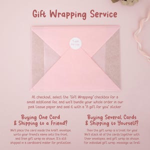 The image is a promotional image for a gift wrapping service, featuring a pink envelope with a gift inside. The text provides information about the service, including options for buying one card or several cards, and instructions on how to use the service.
