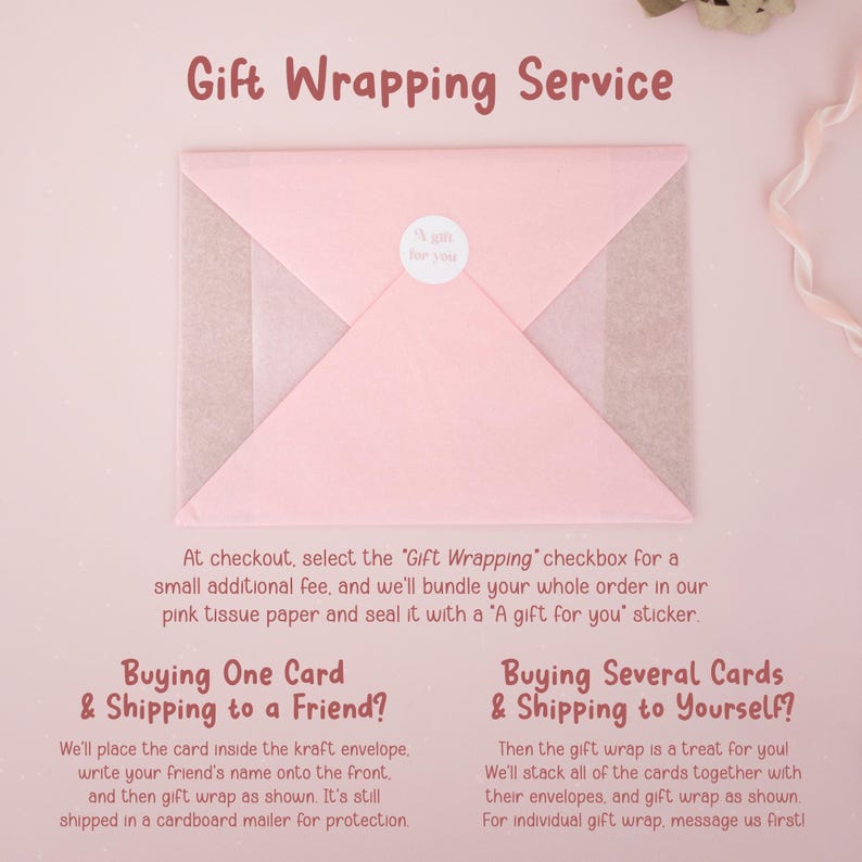 The image is a promotional image for a gift wrapping service, featuring a pink envelope with a gift inside. The text provides information about the service, including options for buying one card or several cards, and instructions on how to use the service.