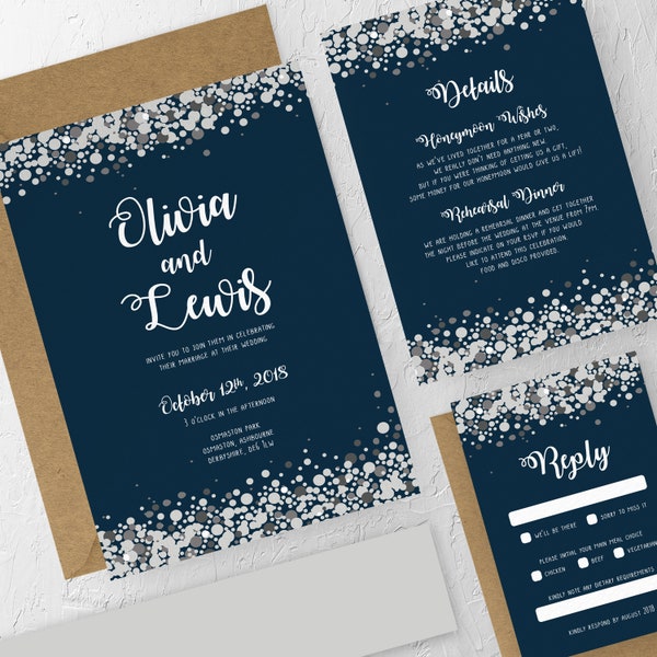 Silver Confetti & Navy, Wedding Invitation Bundles, Invitation Sets, Printable Invitations, Wedding Invites, Invitation Template, #1942