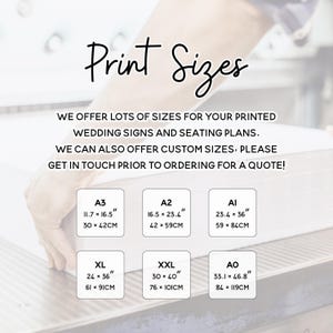 a variety of print sizes available for wedding signs and seating plans, along with the option to order custom sizes.
