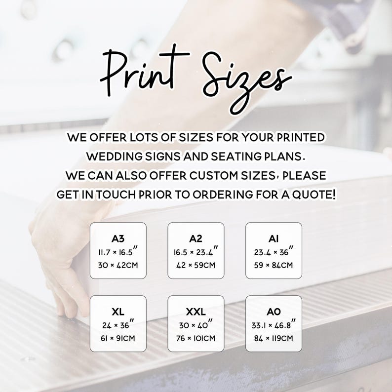 a variety of print sizes available for wedding signs and seating plans, along with the option to order custom sizes.