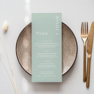 Menu de mesa de casamento personalizado azul sálvia verde, cartões de lugar de casamento, papelaria de casamento moderna, recepção de casamento masculina, cartões de menu #WTM-012