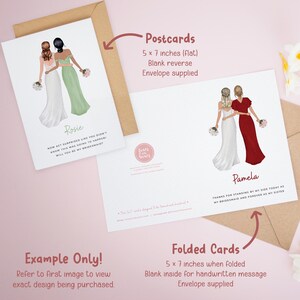two types of wedding-related stationery items: a 5 x 7 inches flat card and a 5 x 7 inches folded card. The flat card is designed for viewing the exact design, while the folded card is blank inside for handwritten messages.