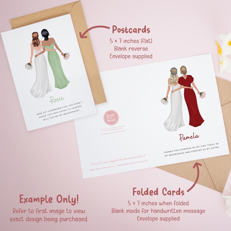 two types of wedding-related stationery items: a 5 x 7 inches flat card and a 5 x 7 inches folded card. The flat card is designed for viewing the exact design, while the folded card is blank inside for handwritten messages.