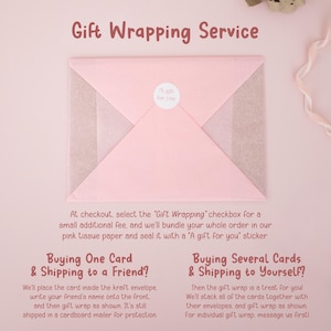 The image is a promotional image for a gift wrapping service, featuring a pink envelope with a gift inside. The text provides information about the service, including options for buying one card or several cards, and instructions on how to use the service.