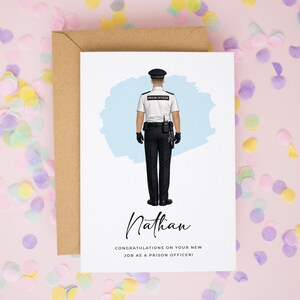 May include: A greeting card featuring an illustration of a prison officer seen from behind, wearing a white shirt with the text PRISON OFFICER, black trousers, and a utility belt. Below is the name Nathan and the text CONGRATULATIONS ON YOUR NEW JOB AS A PRISON OFFICER!