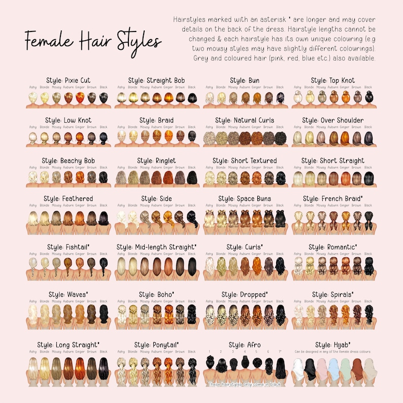 The image is a collage of various female hair styles, each with a different color and style, arranged in a grid format.