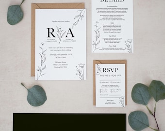 Pacote de convites de casamento personalizados, convites monocromáticos, convites pretos, conjuntos de convites, convites de casamento, digitais, cartões de RSVP #2448