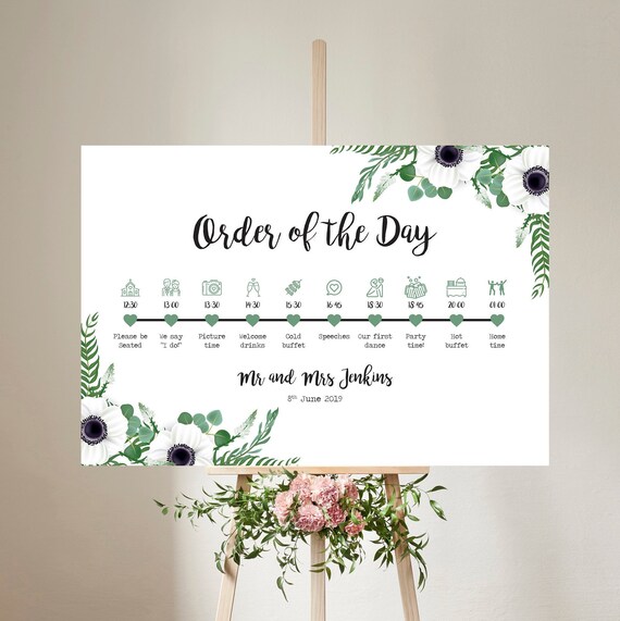 Wedding Sign Poster Print Pink Watercolour Floral Welcome Order Of The Day