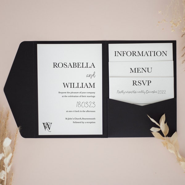 Classy Monochrome Pocketfold Wedding Invitation, Personalised Pocketfold Invitation, Pocketfold Monochrome, Elegant Wedding Invites, #PF-053