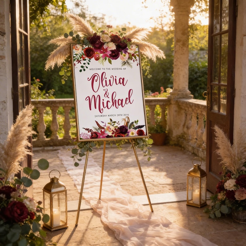 a wedding sign with floral decorations and lanterns, set up on a porch with a stone railing and a stone wall in the background.