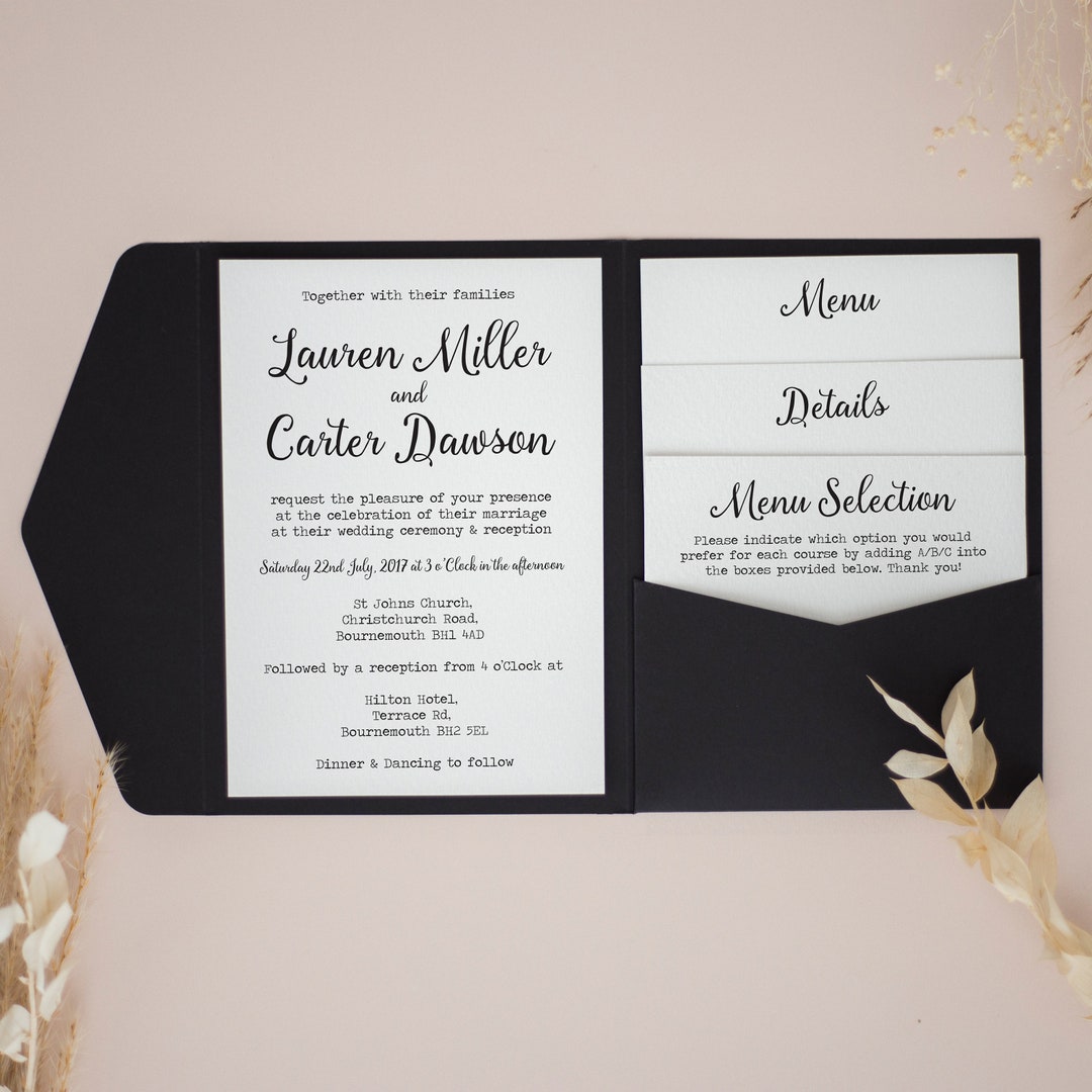 Monochrome Pocketfold Wedding Invitations, Personalised Pocketfold