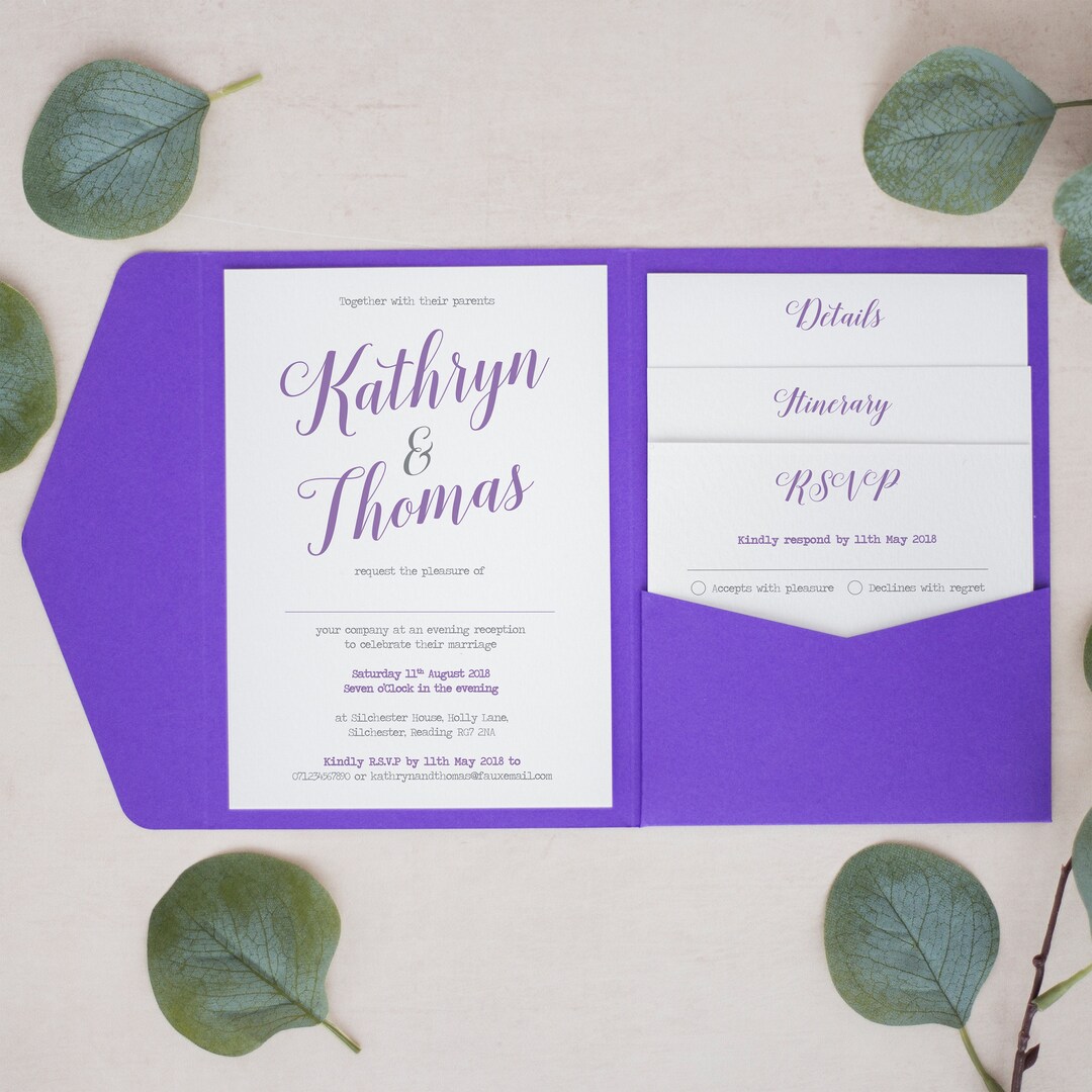 Purple Pocketfold Wedding Invitation, Personalised Pocketfold