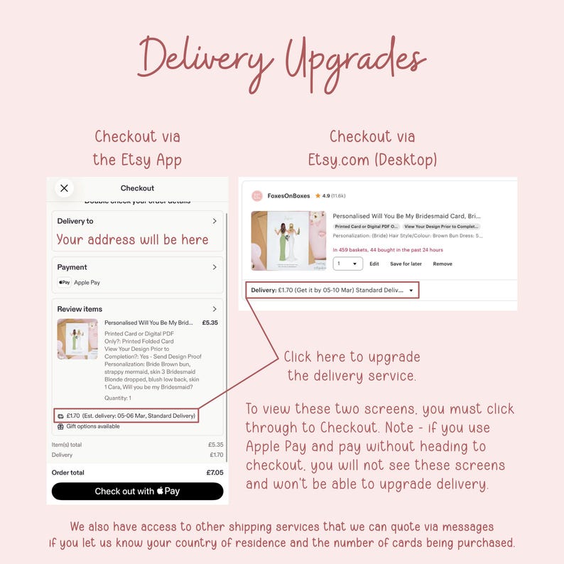 a screenshot of a checkout page for a product on the Etsy App, with a checkout link and a checkout via the Etsy website.