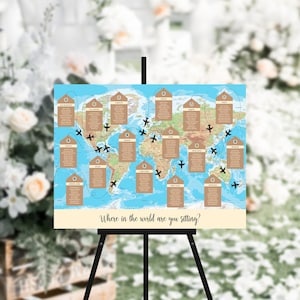 World Map Table Plan, Travel Destination Weddings, Foam Board Seating Plan, Wedding Signs, Printed or Printable, Table Plan #16