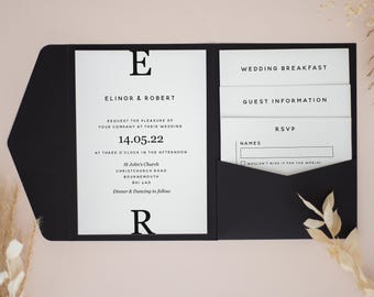 Elegante invito di nozze monocromatico con tasca, invito personalizzato con tasca, tasca monocromatico, inviti di nozze di classe, #PF-047