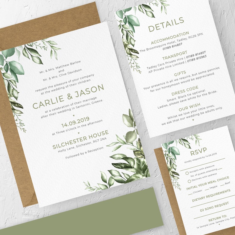 Rustic Greenery Invitation, Wedding Invitation Bundles, Invitation Sets, Printable Invitations, Wedding Invites, PDF Template, 2435 imagen 1