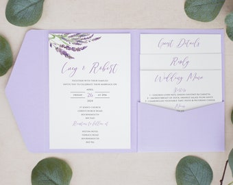 Lavender Floral Pocketfold Wedding Invitation, Personalised Pocketfold Invitation, Pocketfold Lilac Purple, Elegant Wedding Invites #PF-055