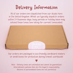 The image is a delivery information graphic that provides details about the delivery process for orders. It includes information about the studio's location, the types of orders they typically dispatch, and the estimated delivery times. The image also mentions that the orders are packaged in eco-friendly cardboard mailers or small boxes for protection during transit worldwide.