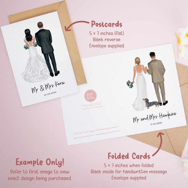The image is a collection of two wedding-themed cards, one depicting a bride and groom and the other showing a couple holding hands. The cards are labeled as "Postcards" and "Folded Cards" and are described as "Blank reverse Envelope supplied". The text indicates that the cards are designed for purchase, with the "Postcards" card being a 5 x 7 inches flat design and the "Folded Cards" card being 5 x 7 inches when folded.
