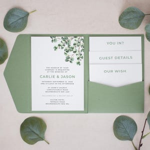 Rustic Eucalyptus Invite, Personalised Pocketfold Invitations, Pocketfold Wedding Invitation, Pocketfold Invites, Rustic Invitations #PF-046