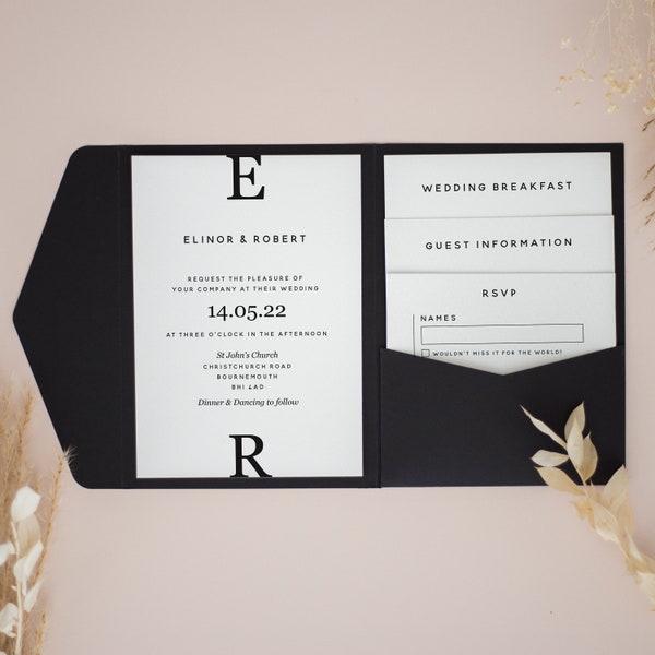 Elegant Monochrome Pocketfold Wedding Invitation, Personalised Pocketfold Invitation, Pocketfold Monochrome, Classy Wedding Invites, #PF-047