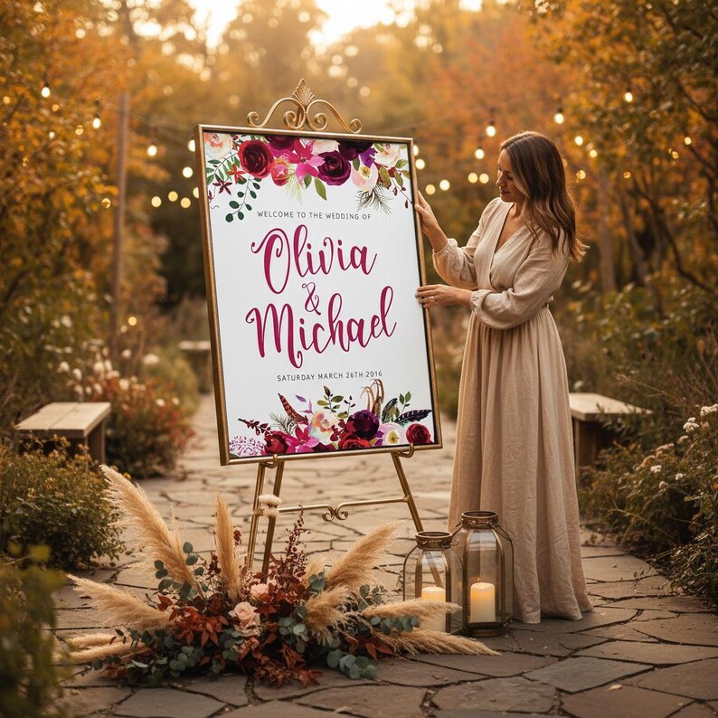 A woman in a long dress stands next to a large floral wedding sign, with a potted plant and lanterns in the background.