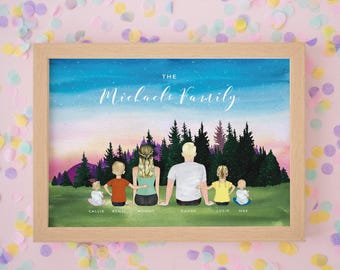 Family Portrait Print, Gift for Families, Personalised Portraits, Customised Portrait Gifts, Personalised Print, Family Portrait #P024