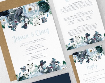 Navy & Dusty Blue Florals, Wedding Invitation Bundles, Invitation Sets, Printable Invitations, Wedding Invites, Invitation Template, #2377