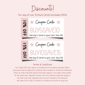 The image is a promotional image for a bulk buy discount, featuring two different discount codes for purchasing cards. The text on the image highlights the terms and conditions of the discount, stating that the discount code must be applied at checkout and that the discount applies to the difference between the order price and the placed offer. The image also mentions that the discount code can be removed at any time, but it cannot be combined with other discount codes.