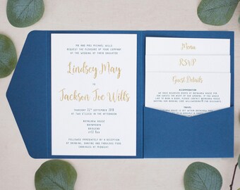 Invito di nozze blu navy e oro, inviti personalizzati tascabili, invito di nozze tascabile, inviti tascabili, Pocketfolds #PF-030