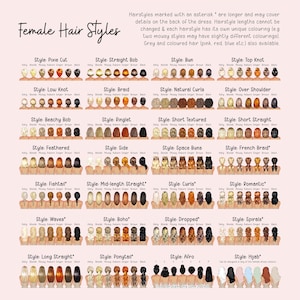 The image is a collage of various female hair styles, each with a different color and style, arranged in a grid format.