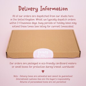 The image is a delivery information graphic that provides details about the delivery process for orders. It includes information about the studio's location, the types of orders they typically dispatch, and the estimated delivery times. The image also mentions that the orders are packaged in eco-friendly cardboard mailers or small boxes for protection during transit worldwide.