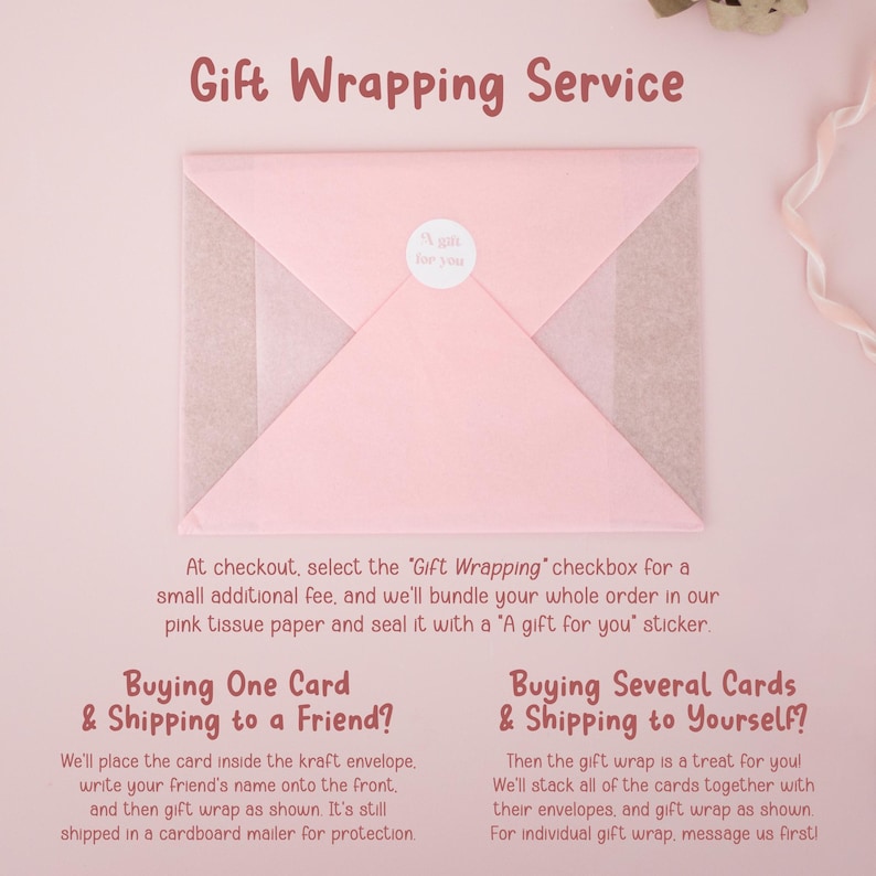 The image is a promotional image for a gift wrapping service, featuring a pink envelope with a gift inside. The text provides information about the service, including options for buying one card or several cards, and instructions on how to use the service.