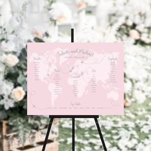 Pink World Map Table Plan, Travel Destination Weddings, Foam Board Seating Plan, Wedding Signs, Printed or Printable, Table Plan #61