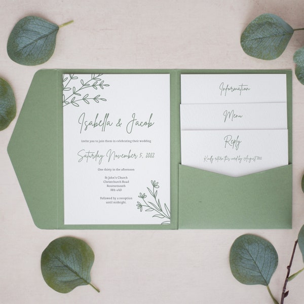 Faire-part vert avec pochette, faire-part de mariage personnalisé, faire-part de mariage avec pochette, invitations avec pochette, faire-part rustique #PF-051