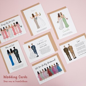 a collection of wedding cards featuring illustrations of couples in formal attire, such as a bride and groom, bridesmaids, and groomsmen. The cards are arranged on a pink background, and the text includes phrases like "Always by your side", "Wedding Cards", and "Shop now at FoxesOnBoxes".