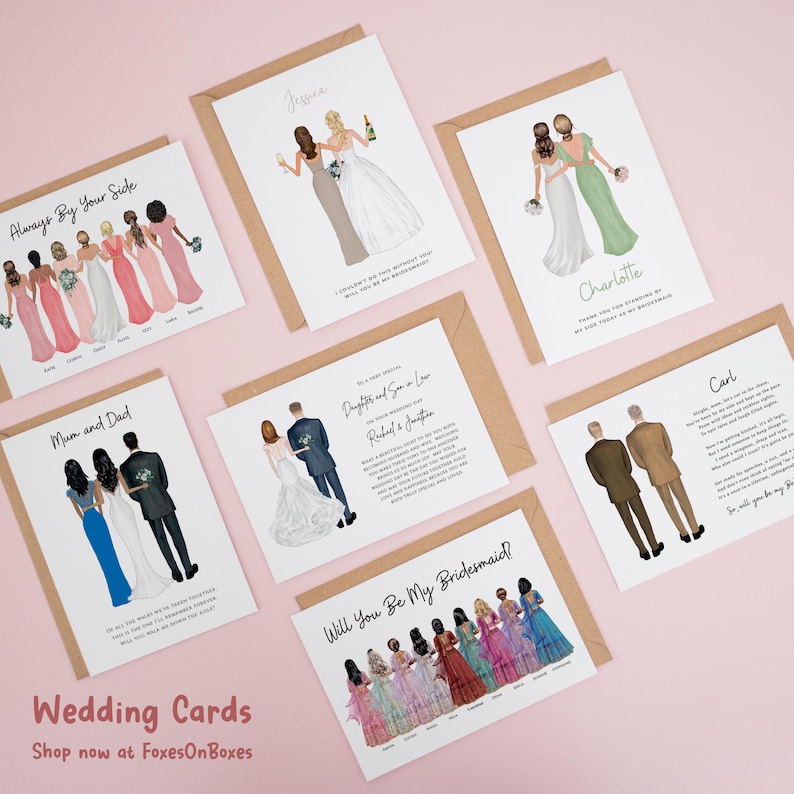a collection of wedding cards featuring illustrations of couples in formal attire, such as a bride and groom, bridesmaids, and groomsmen. The cards are arranged on a pink background, and the text includes phrases like "Always by your side", "Wedding Cards", and "Shop now at FoxesOnBoxes".