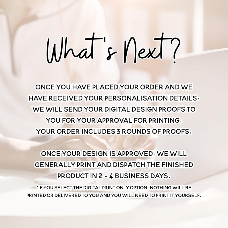 text that provides information about a digital design service, including details about the order, proof of approval, and the printing process.